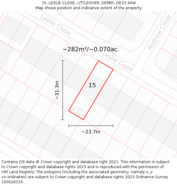 15, LESLIE CLOSE, LITTLEOVER, DERBY, DE23 4AW: Plot and title map