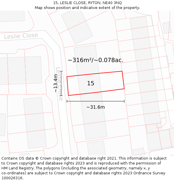 15, LESLIE CLOSE, RYTON, NE40 3NQ: Plot and title map