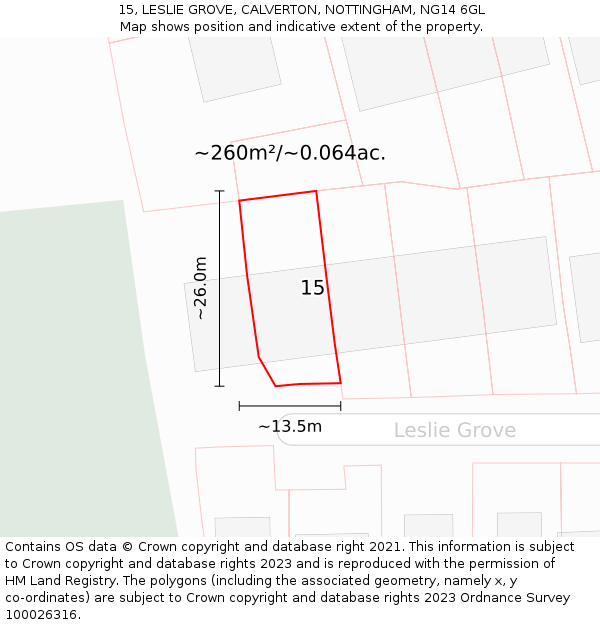 15, LESLIE GROVE, CALVERTON, NOTTINGHAM, NG14 6GL: Plot and title map