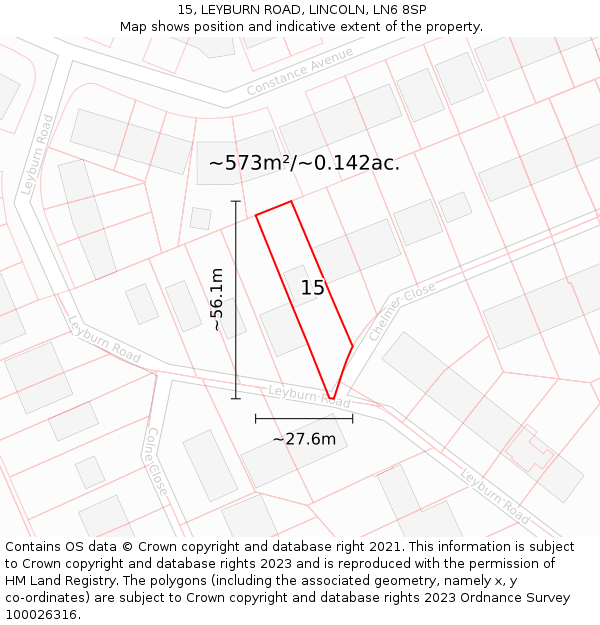 15, LEYBURN ROAD, LINCOLN, LN6 8SP: Plot and title map
