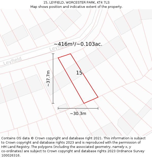 15, LEYFIELD, WORCESTER PARK, KT4 7LS: Plot and title map