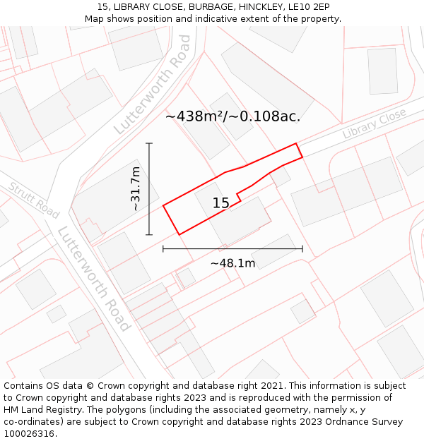 15, LIBRARY CLOSE, BURBAGE, HINCKLEY, LE10 2EP: Plot and title map