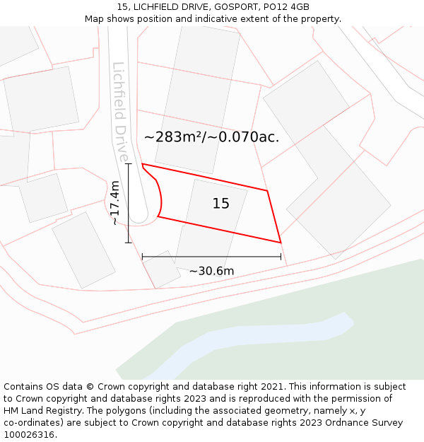 15, LICHFIELD DRIVE, GOSPORT, PO12 4GB: Plot and title map