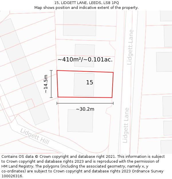 15, LIDGETT LANE, LEEDS, LS8 1PQ: Plot and title map