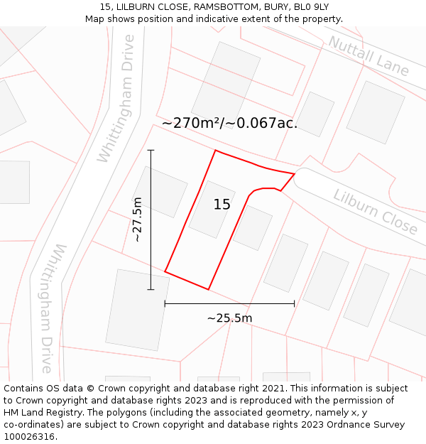 15, LILBURN CLOSE, RAMSBOTTOM, BURY, BL0 9LY: Plot and title map