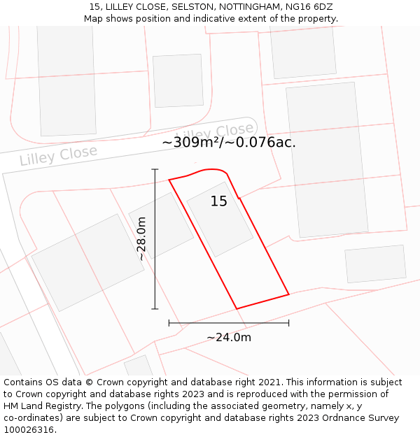 15, LILLEY CLOSE, SELSTON, NOTTINGHAM, NG16 6DZ: Plot and title map