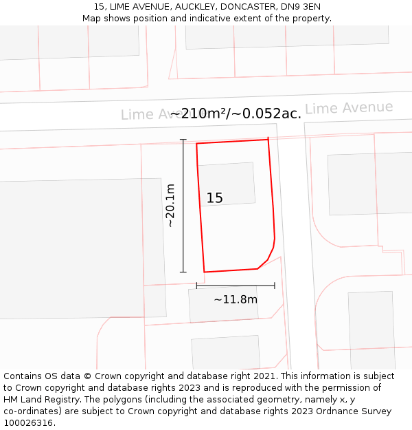 15, LIME AVENUE, AUCKLEY, DONCASTER, DN9 3EN: Plot and title map