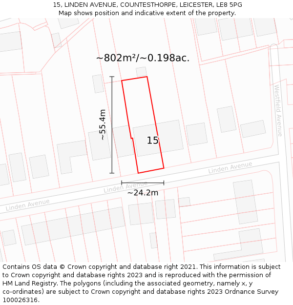 15, LINDEN AVENUE, COUNTESTHORPE, LEICESTER, LE8 5PG: Plot and title map