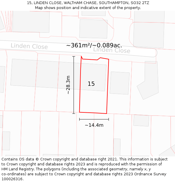 15, LINDEN CLOSE, WALTHAM CHASE, SOUTHAMPTON, SO32 2TZ: Plot and title map