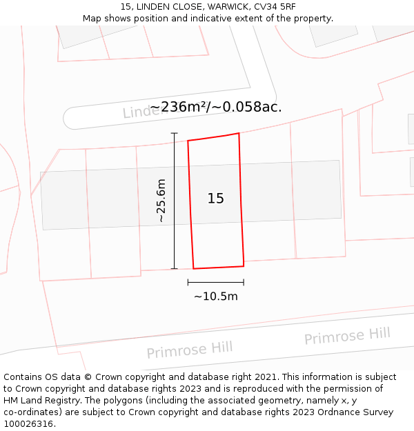 15, LINDEN CLOSE, WARWICK, CV34 5RF: Plot and title map