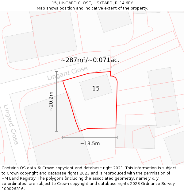 15, LINGARD CLOSE, LISKEARD, PL14 6EY: Plot and title map