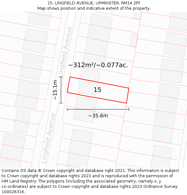 15, LINGFIELD AVENUE, UPMINSTER, RM14 2PF: Plot and title map