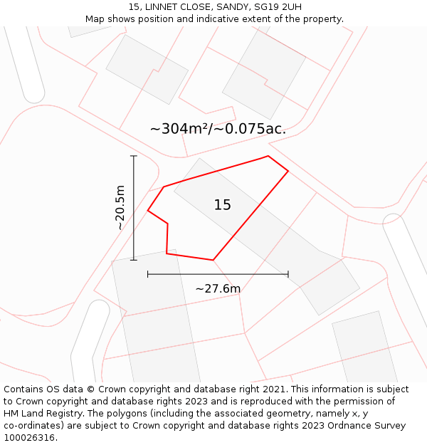 15, LINNET CLOSE, SANDY, SG19 2UH: Plot and title map