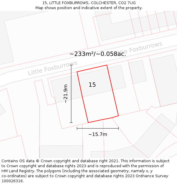 15, LITTLE FOXBURROWS, COLCHESTER, CO2 7UG: Plot and title map