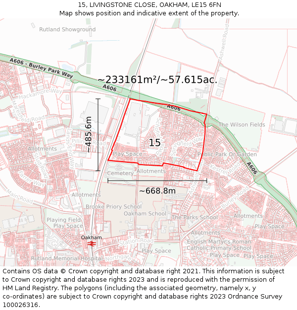 15, LIVINGSTONE CLOSE, OAKHAM, LE15 6FN: Plot and title map