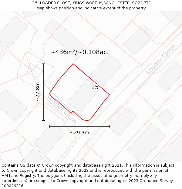 15, LOADER CLOSE, KINGS WORTHY, WINCHESTER, SO23 7TF: Plot and title map