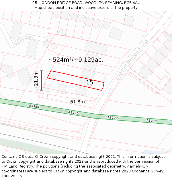 15, LODDON BRIDGE ROAD, WOODLEY, READING, RG5 4AU: Plot and title map