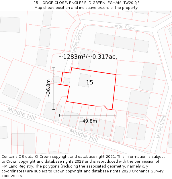 15, LODGE CLOSE, ENGLEFIELD GREEN, EGHAM, TW20 0JF: Plot and title map