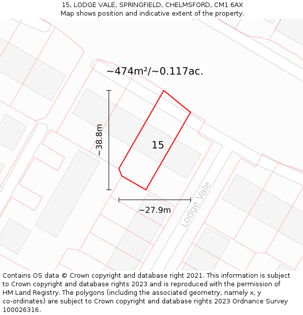 15, LODGE VALE, SPRINGFIELD, CHELMSFORD, CM1 6AX: Plot and title map