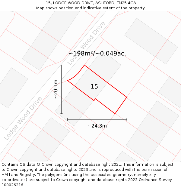 15, LODGE WOOD DRIVE, ASHFORD, TN25 4GA: Plot and title map