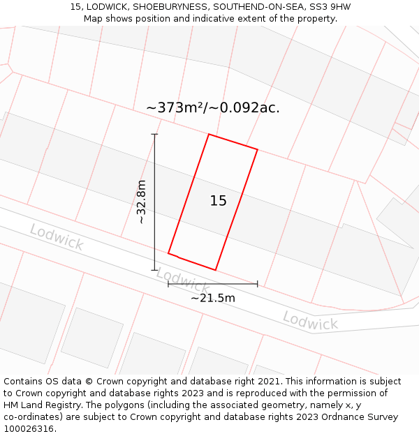 15, LODWICK, SHOEBURYNESS, SOUTHEND-ON-SEA, SS3 9HW: Plot and title map