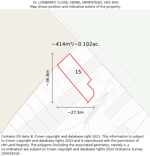 15, LOMBARDY CLOSE, HEMEL HEMPSTEAD, HP2 4NG: Plot and title map