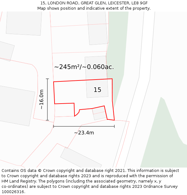 15, LONDON ROAD, GREAT GLEN, LEICESTER, LE8 9GF: Plot and title map