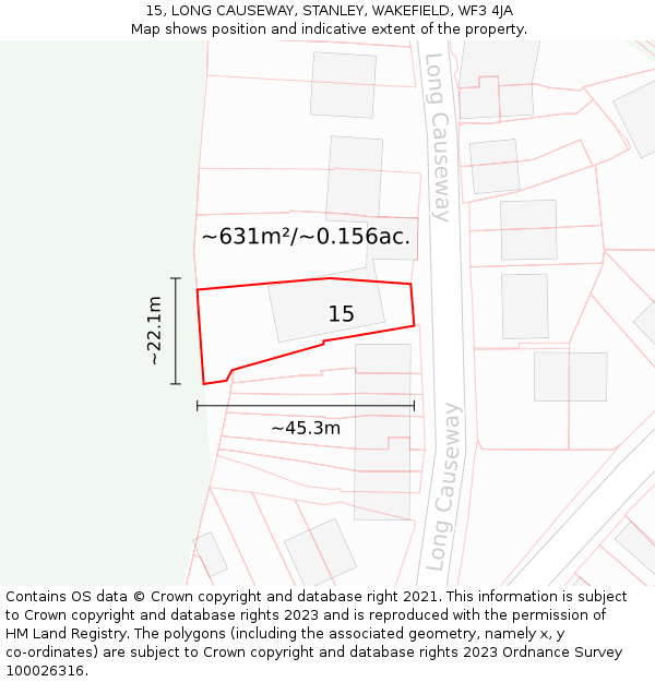 15, LONG CAUSEWAY, STANLEY, WAKEFIELD, WF3 4JA: Plot and title map