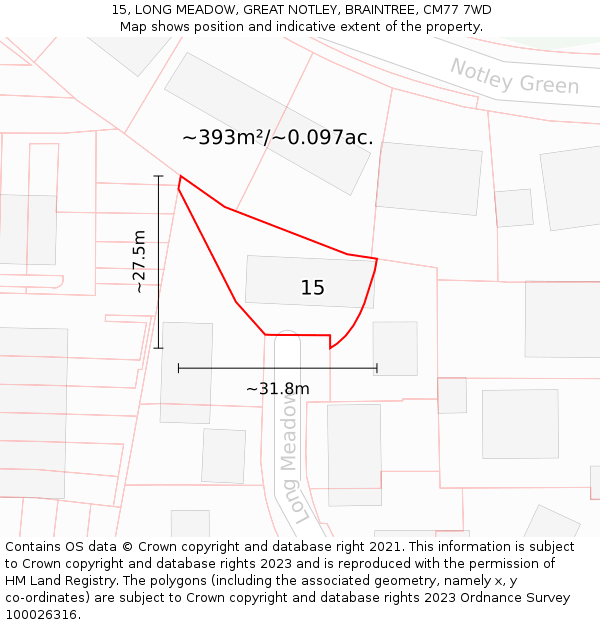 15, LONG MEADOW, GREAT NOTLEY, BRAINTREE, CM77 7WD: Plot and title map