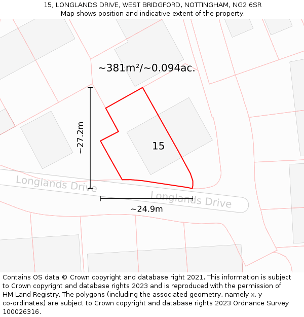 15, LONGLANDS DRIVE, WEST BRIDGFORD, NOTTINGHAM, NG2 6SR: Plot and title map