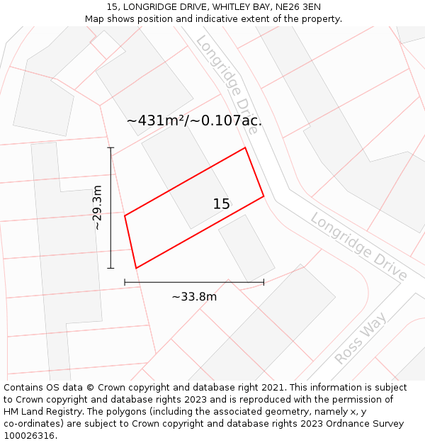 15, LONGRIDGE DRIVE, WHITLEY BAY, NE26 3EN: Plot and title map