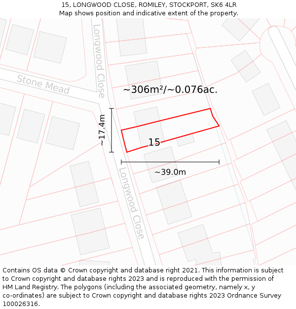 15, LONGWOOD CLOSE, ROMILEY, STOCKPORT, SK6 4LR: Plot and title map