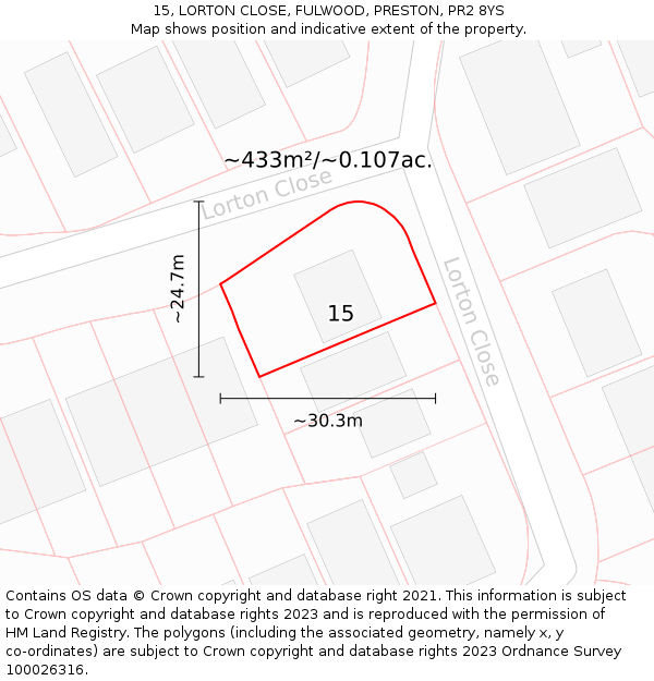 15, LORTON CLOSE, FULWOOD, PRESTON, PR2 8YS: Plot and title map