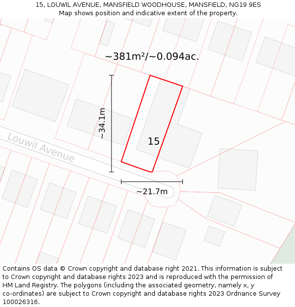 15, LOUWIL AVENUE, MANSFIELD WOODHOUSE, MANSFIELD, NG19 9ES: Plot and title map