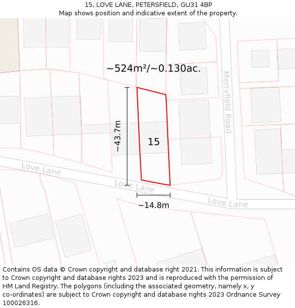 15, LOVE LANE, PETERSFIELD, GU31 4BP: Plot and title map