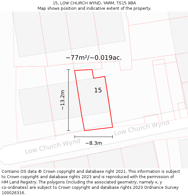 15, LOW CHURCH WYND, YARM, TS15 9BA: Plot and title map