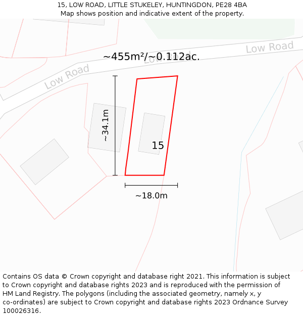 15, LOW ROAD, LITTLE STUKELEY, HUNTINGDON, PE28 4BA: Plot and title map