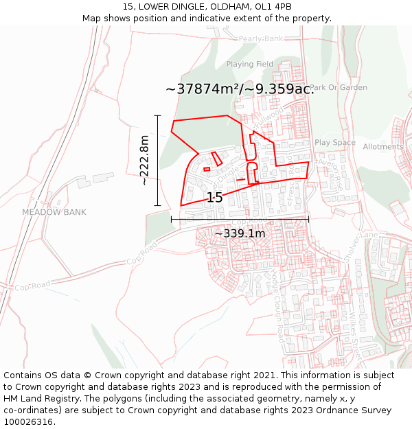 15, LOWER DINGLE, OLDHAM, OL1 4PB: Plot and title map