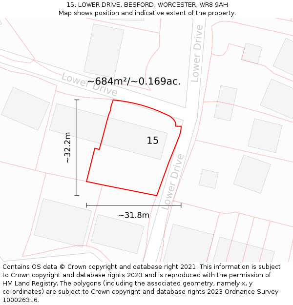 15, LOWER DRIVE, BESFORD, WORCESTER, WR8 9AH: Plot and title map