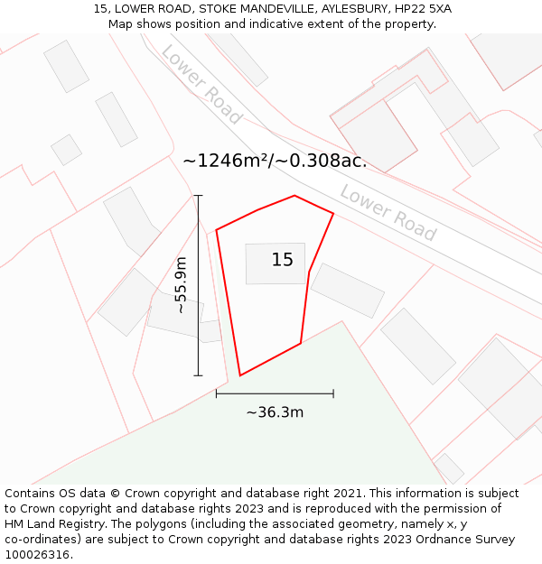 15, LOWER ROAD, STOKE MANDEVILLE, AYLESBURY, HP22 5XA: Plot and title map