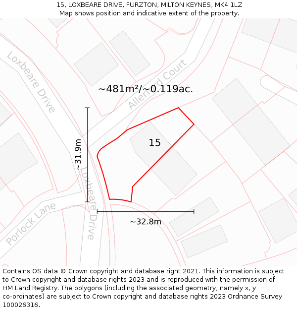 15, LOXBEARE DRIVE, FURZTON, MILTON KEYNES, MK4 1LZ: Plot and title map