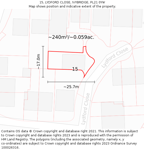 15, LYDFORD CLOSE, IVYBRIDGE, PL21 0YW: Plot and title map
