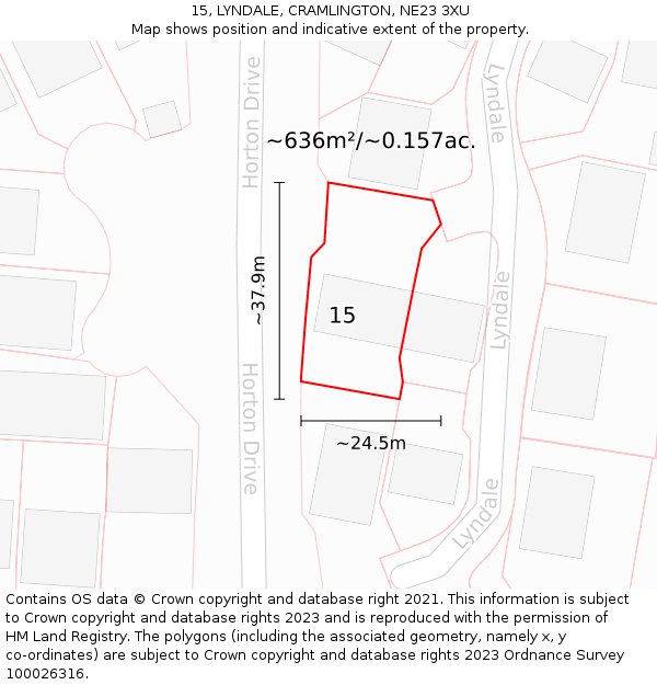 15, LYNDALE, CRAMLINGTON, NE23 3XU: Plot and title map