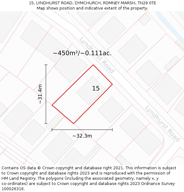 15, LYNDHURST ROAD, DYMCHURCH, ROMNEY MARSH, TN29 0TE: Plot and title map
