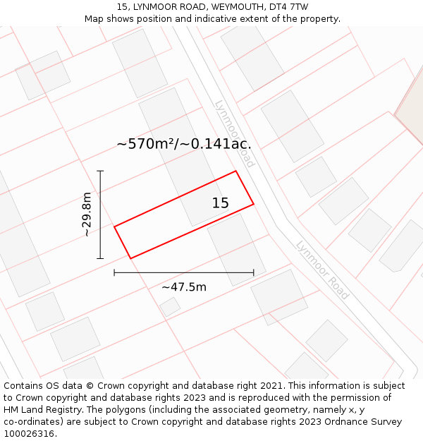 15, LYNMOOR ROAD, WEYMOUTH, DT4 7TW: Plot and title map