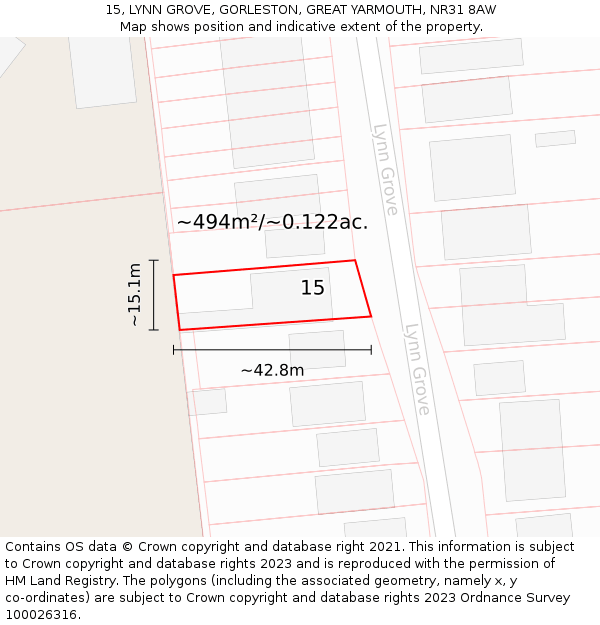 15, LYNN GROVE, GORLESTON, GREAT YARMOUTH, NR31 8AW: Plot and title map