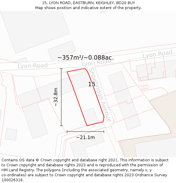 15, LYON ROAD, EASTBURN, KEIGHLEY, BD20 8UY: Plot and title map