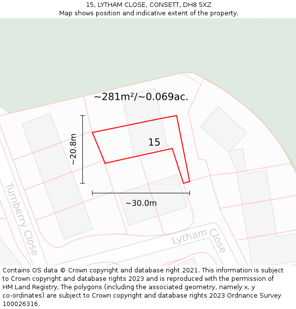 15, LYTHAM CLOSE, CONSETT, DH8 5XZ: Plot and title map