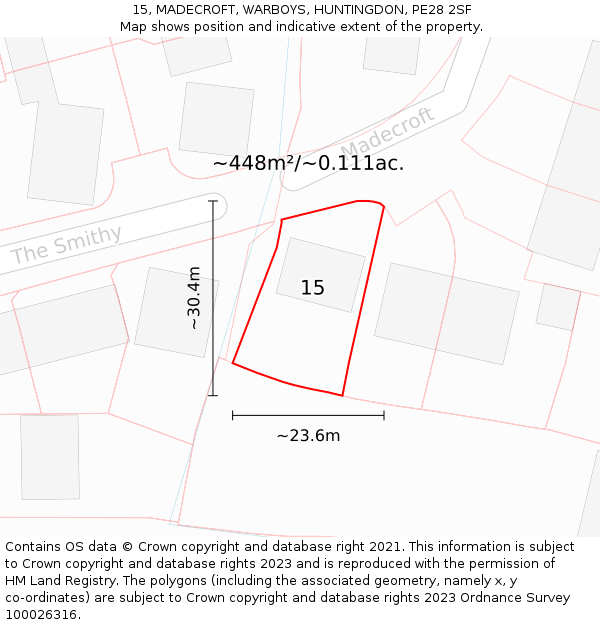 15, MADECROFT, WARBOYS, HUNTINGDON, PE28 2SF: Plot and title map