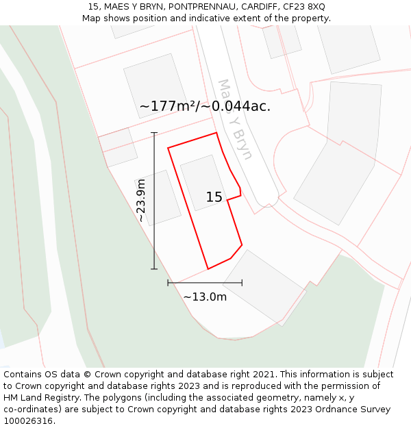 15, MAES Y BRYN, PONTPRENNAU, CARDIFF, CF23 8XQ: Plot and title map